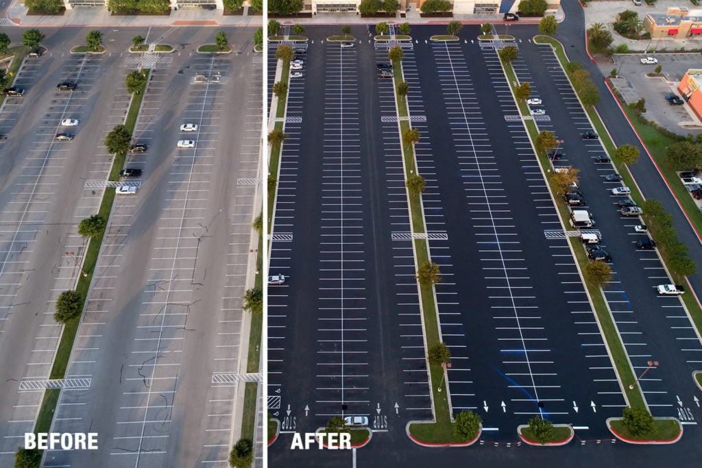 Aerial before and after of commercial parking lot sealcoating and restriping